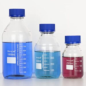 stonylab Graduated Storage Bottles with GL45 Screw Cap, 500 ml Borosilicate Glass Clear Round Lab Reagent Media Storage Bottles with Blue Screw Cap, 1 Pack