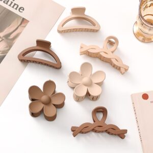 6Pcs Women's Nonslip Large Claw Clips for Thin Hair - Cute Jaw Barrettes, Ponytail Holders, and Hair Accessories in Khaki and Milk Coffee