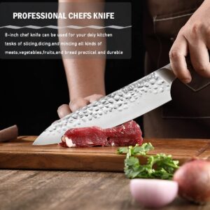 HALOYIVGO 8 Inch Chef Knife, Hand Forged Professional Chef's Knife with Pakkawood Handle, AUS-8 High Carbon Stainless Steel, Kitchen Meat Vegetable Knife with Leather Sheath and Gift Box