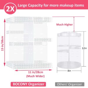 BOCONY Rotating Makeup Organizer, Large Capacity Cosmetic Display Case, Acrylic Skincare Organizer with Makeup Brush, Makeup Storage Organizer for Dresser Countertop and Bathroom Vanity - Clear