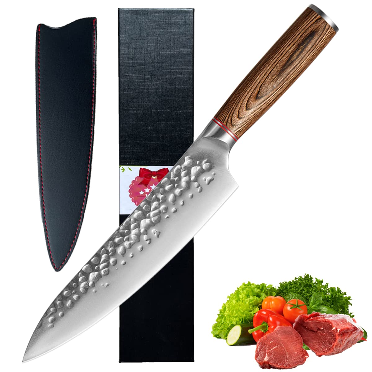 HALOYIVGO 8 Inch Chef Knife, Hand Forged Professional Chef's Knife with Pakkawood Handle, AUS-8 High Carbon Stainless Steel, Kitchen Meat Vegetable Knife with Leather Sheath and Gift Box