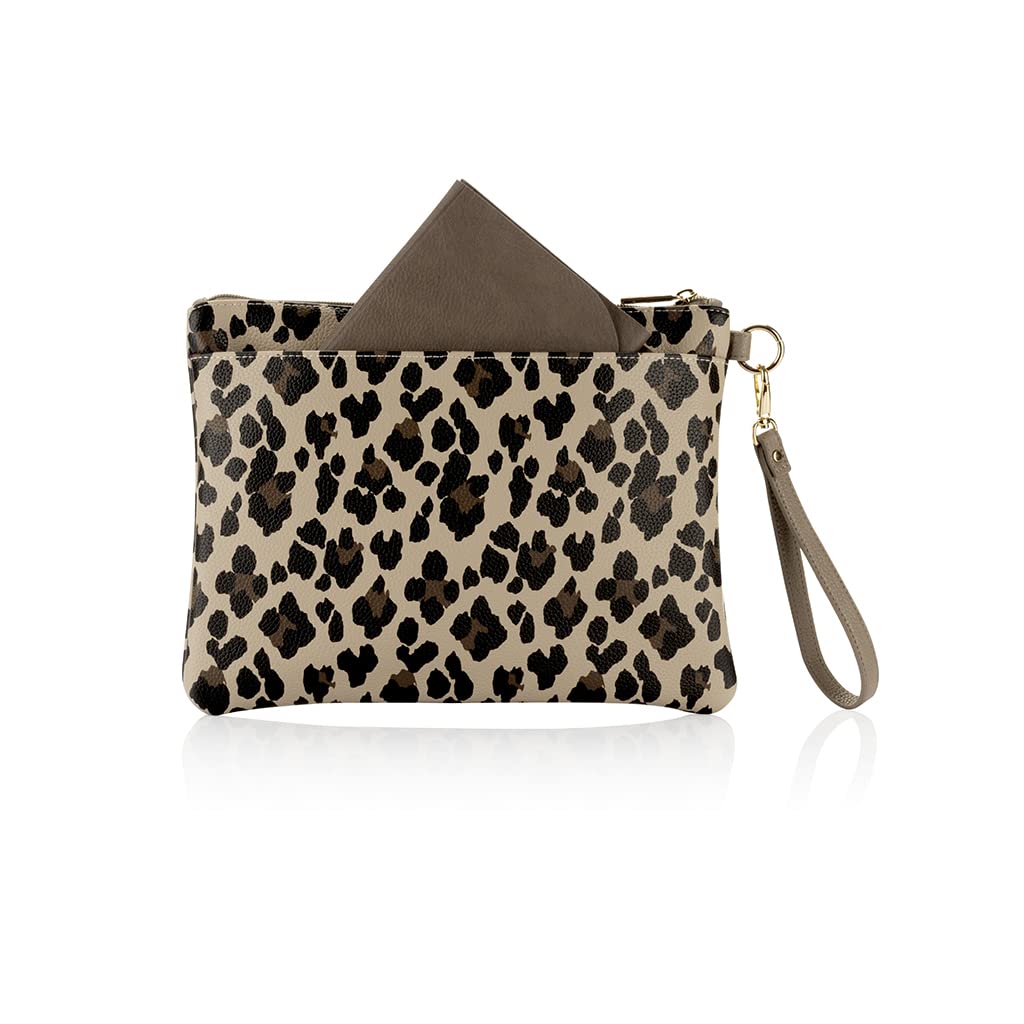 Itzy Ritzy Diaper Changing Clutch – Includes Easy-to-Clean Vegan Leather, On-the-Go Portable Diaper Changing Pad, Detachable Wrist Strap, 1 Exterior Pocket & 2 Interior Pockets (Leopard)