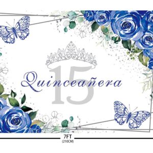 Sendy 7x5ft Quinceañera Backdrop Mis Quince 15 Anos Birthday Party Supplies for Girl Princess Royal Blue Floral Butterfly Silver Crown Photography Background Banner Photo Booth Studio Props