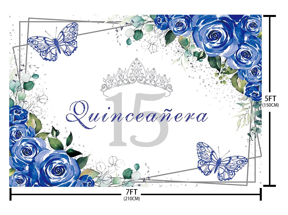 Sendy 7x5ft Quinceañera Backdrop Mis Quince 15 Anos Birthday Party Supplies for Girl Princess Royal Blue Floral Butterfly Silver Crown Photography Background Banner Photo Booth Studio Props