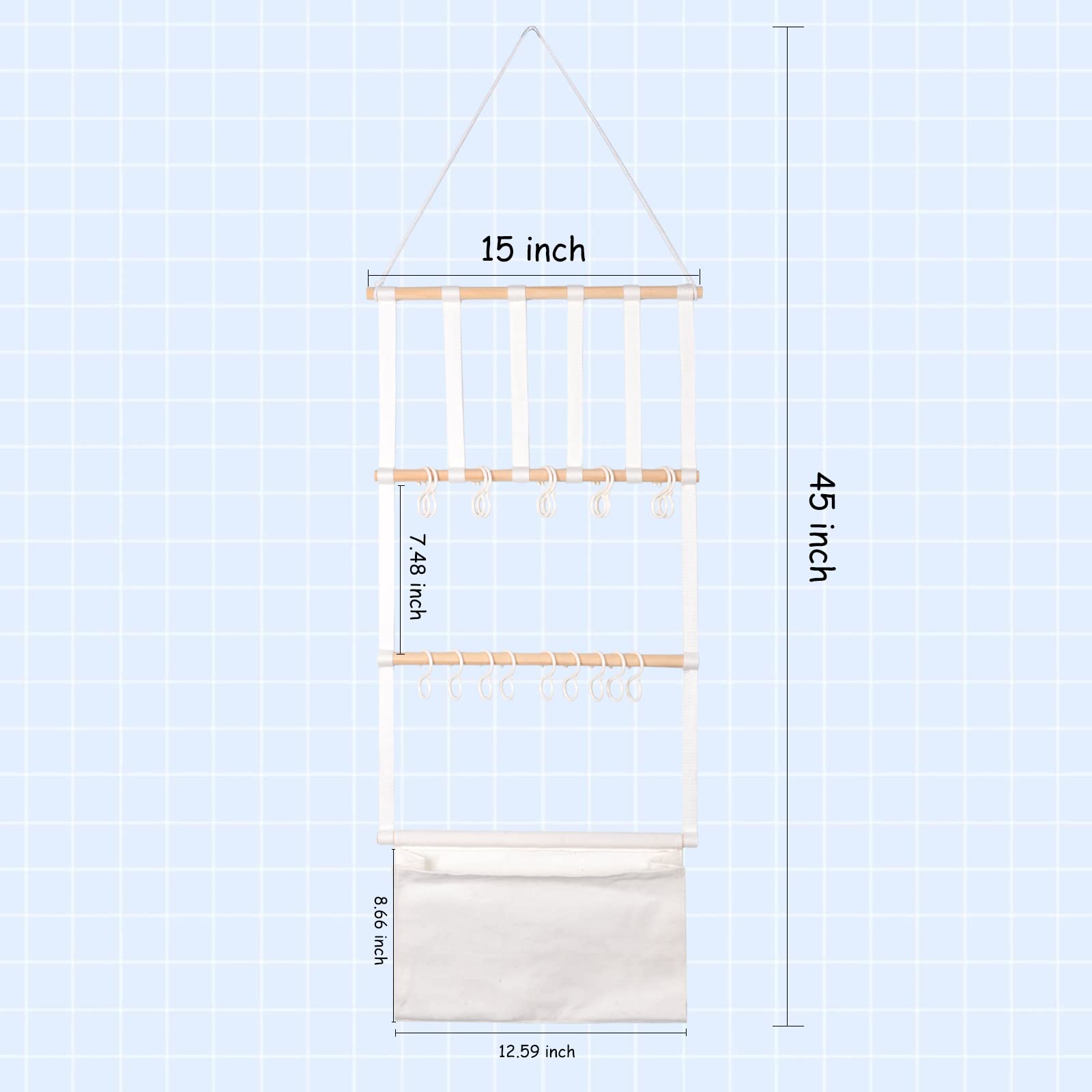 Nerien Headband Holder, Hair Bow Organizer for Girls Baby Toddler, Macrame Wood Hair Accessories Wall Closet Hanging Storage Display, for Hair Ribbons Ties Clips, with 20 Pcs Hooks for Shower Room