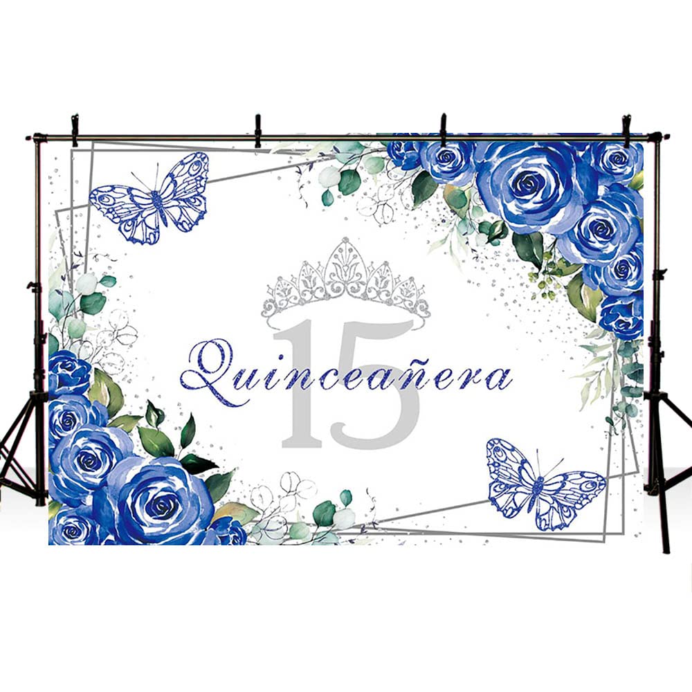 Sendy 7x5ft Quinceañera Backdrop Mis Quince 15 Anos Birthday Party Supplies for Girl Princess Royal Blue Floral Butterfly Silver Crown Photography Background Banner Photo Booth Studio Props