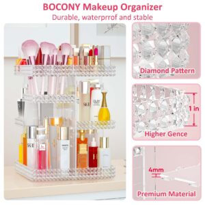 BOCONY Rotating Makeup Organizer, Large Capacity Cosmetic Display Case, Acrylic Skincare Organizer with Makeup Brush, Makeup Storage Organizer for Dresser Countertop and Bathroom Vanity - Clear