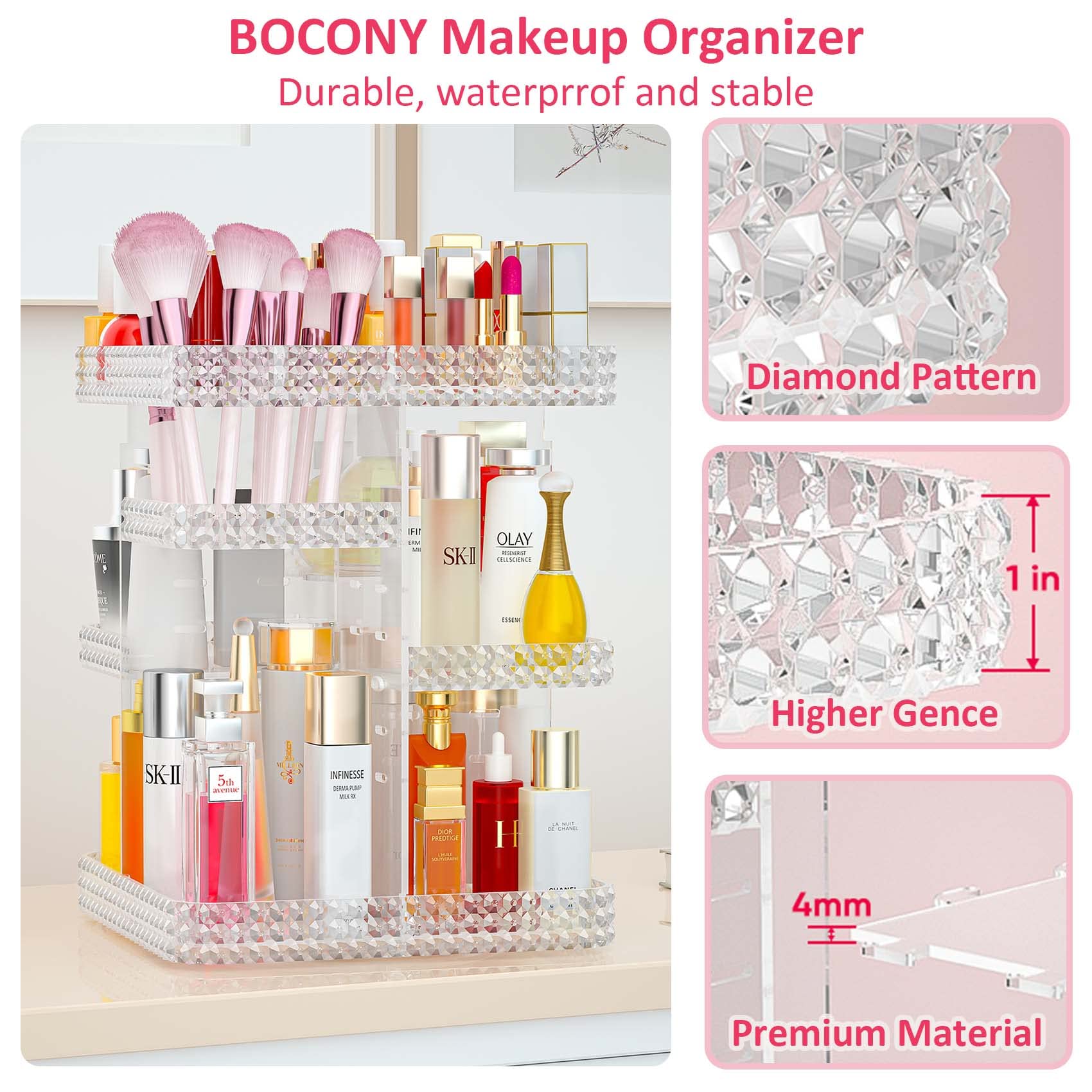 BOCONY Rotating Makeup Organizer, Large Capacity Cosmetic Display Case, Acrylic Skincare Organizer with Makeup Brush, Makeup Storage Organizer for Dresser Countertop and Bathroom Vanity - Clear