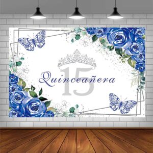 Sendy 7x5ft Quinceañera Backdrop Mis Quince 15 Anos Birthday Party Supplies for Girl Princess Royal Blue Floral Butterfly Silver Crown Photography Background Banner Photo Booth Studio Props