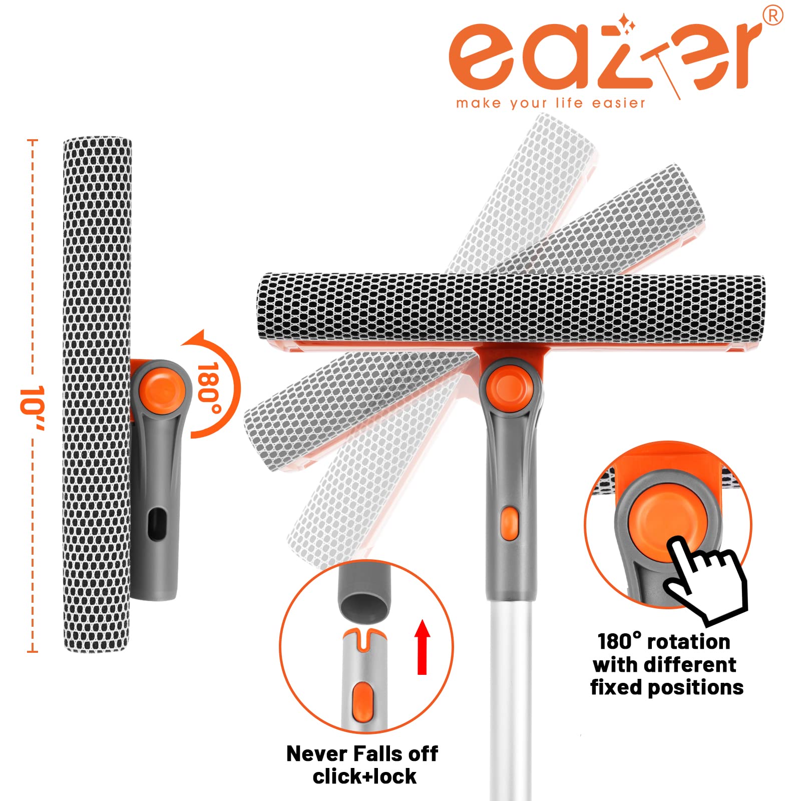 eazer 46'' Professional Window Cleaner Tool, 2-in-1 Rotatable Squeegee for Window Cleaning Kit, Window Washing Equipment Kit with Threaded Extension Pole(20''-46'') for Shower/Windshield.