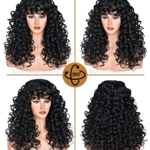 ANNIVIA-X Curly Wigs for Women Black Long Curly Afro Wig with Bangs Big Loose Cute Kinky Curly Hair Synthetic Wig for Daily Use Party Hallowmas Cosplay （Black 17 inch）