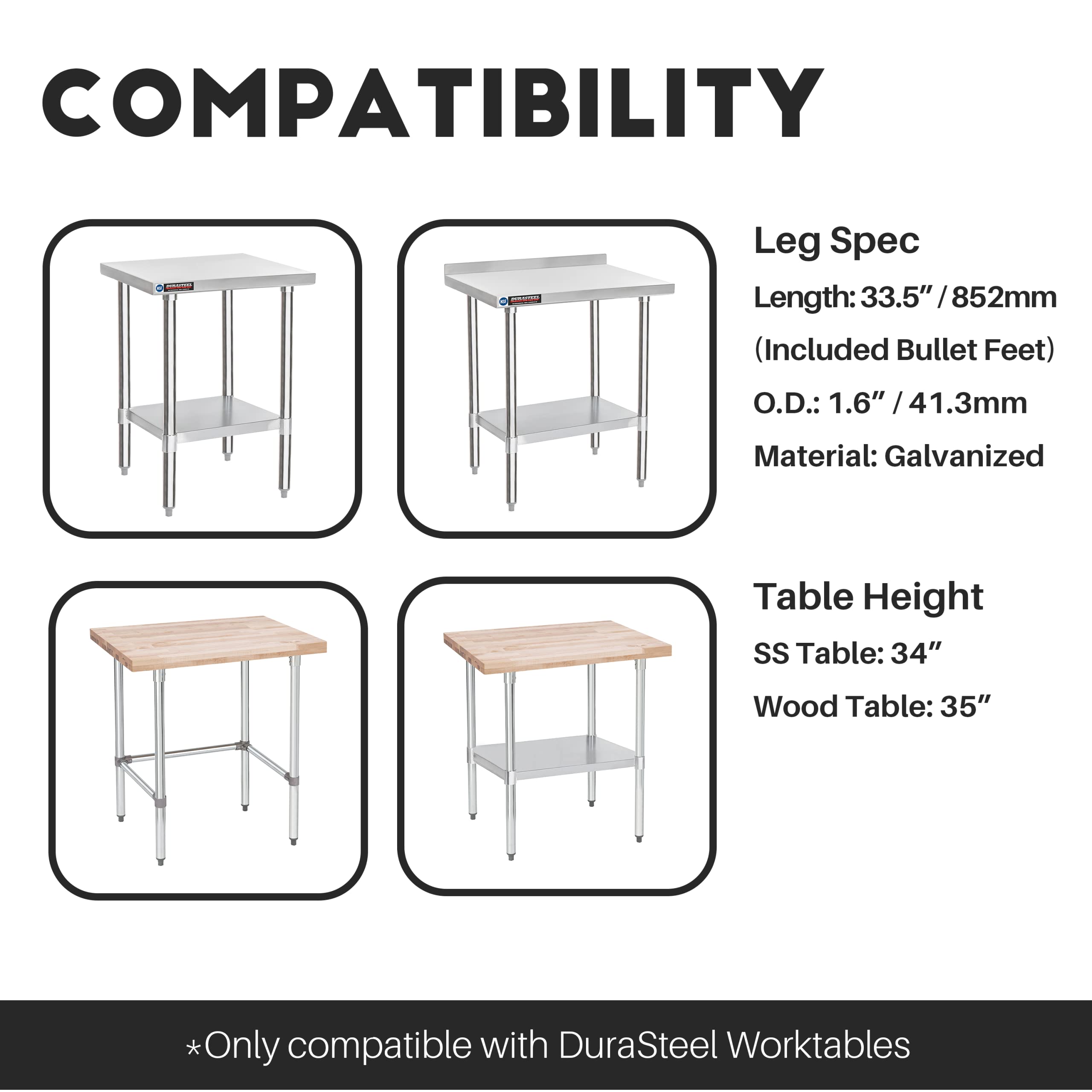 DuraSteel Galvanized Legs for Work Table - 33.5 inch Replacement Galvanized Legs - Fits Commercial Food Prep Stainless Steel Utility Table or Maple Wood Worktable, Silver