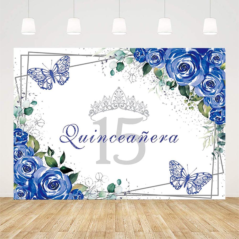 Sendy 7x5ft Quinceañera Backdrop Mis Quince 15 Anos Birthday Party Supplies for Girl Princess Royal Blue Floral Butterfly Silver Crown Photography Background Banner Photo Booth Studio Props