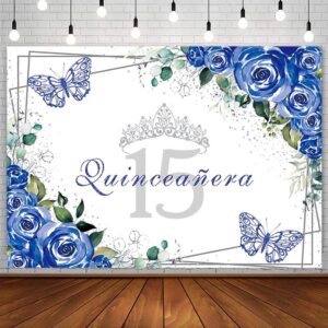 Sendy 7x5ft Quinceañera Backdrop Mis Quince 15 Anos Birthday Party Supplies for Girl Princess Royal Blue Floral Butterfly Silver Crown Photography Background Banner Photo Booth Studio Props