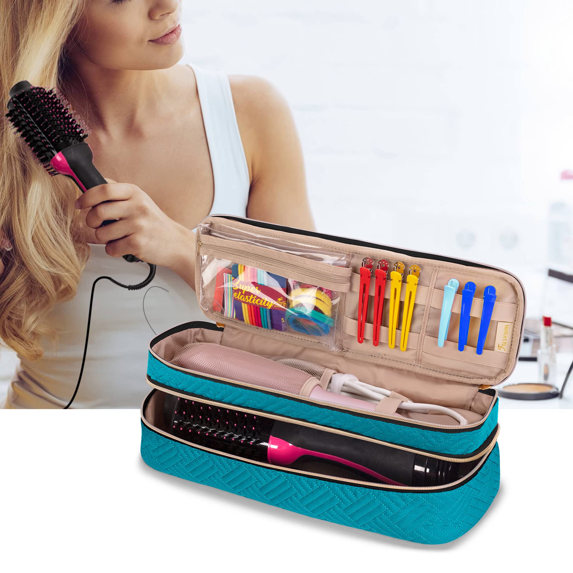 Fasrom Double Layer Travel Case Compatible with REVLON One Step Blow Hair Dryer Brush Volumizer Original 1.0, Plus 2.0 and Styler, Teal (Bag Only, Patent Design)