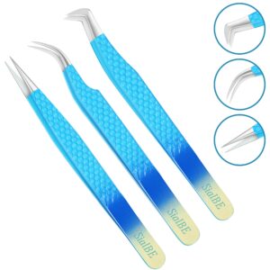 Eyelash Extension Tweezers-3 Pcs Diamond Grip Lash tweezers For Eyelash Extensions-SialBE Straight And Curved L-Shape Eyelash Tweezers, Tweezers For Eyelash Extensions With Silver Tip