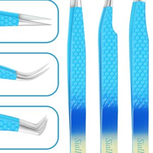 Eyelash Extension Tweezers-3 Pcs Diamond Grip Lash tweezers For Eyelash Extensions-SialBE Straight And Curved L-Shape Eyelash Tweezers, Tweezers For Eyelash Extensions With Silver Tip