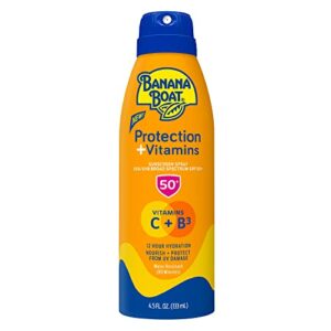 banana boat protection + vitamins sunscreen spray spf 50 | moisturizing sunscreen with vitamin c & niacinamide | banana boat spray sunscreen, vitamin b3 & vitamin c sunscreen, 4.5 oz.