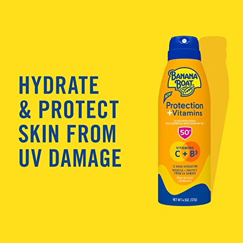 Banana Boat Protection + Vitamins Sunscreen Spray SPF 50 | Moisturizing Sunscreen with Vitamin C & Niacinamide | Banana Boat Spray Sunscreen, Vitamin B3 & Vitamin C Sunscreen, 4.5 oz.