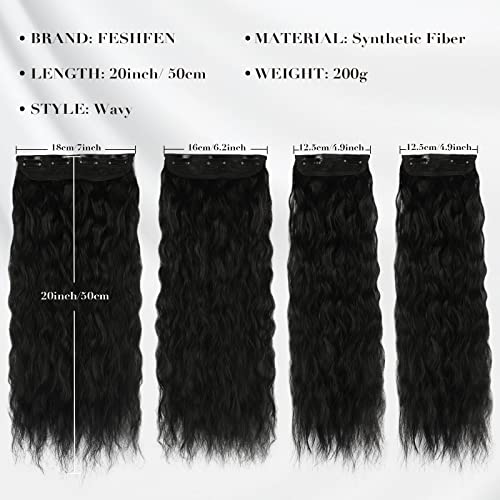 FESHFEN Clip in Hair Extensions for Women 4 PCS Thick Full Head Curly Wavy Clip in Extensions Synthetic Long Off Black Double Weft Hair Hairpieces 20 inch