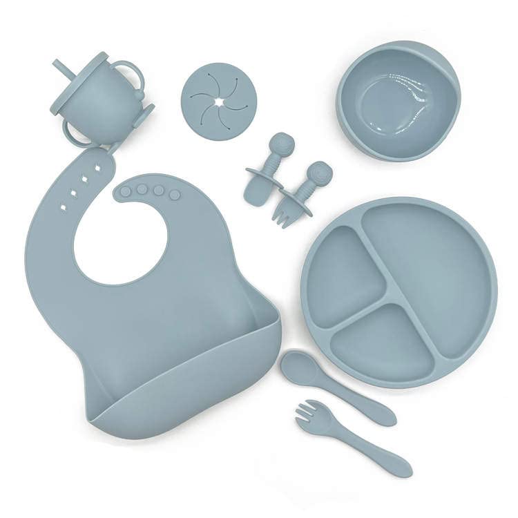 10 Item Set Blue Baby Feeding Starter Set Silicon ecofriendly baby led weaning supplies Baby Suction Bowls, Divided Plates, Straw Sippy Cup, Toddler Feeding Utensils with Bibs, baby spoon, baby plates