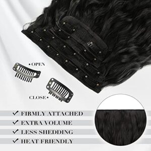 FESHFEN Clip in Hair Extensions for Women 4 PCS Thick Full Head Curly Wavy Clip in Extensions Synthetic Long Off Black Double Weft Hair Hairpieces 20 inch