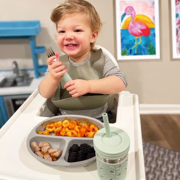 Elk and Friends Silicone Suction Plate for Babies/Toddlers + Stainless Steel Silverware Feeding Set | Divided Plate | Suction Design | Forks + Spoons Included | 3 Pack