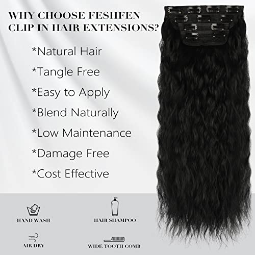 FESHFEN Clip in Hair Extensions for Women 4 PCS Thick Full Head Curly Wavy Clip in Extensions Synthetic Long Off Black Double Weft Hair Hairpieces 20 inch