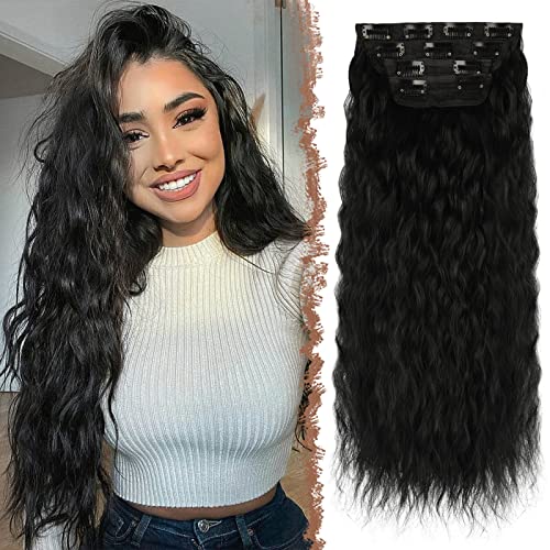 FESHFEN Clip in Hair Extensions for Women 4 PCS Thick Full Head Curly Wavy Clip in Extensions Synthetic Long Off Black Double Weft Hair Hairpieces 20 inch