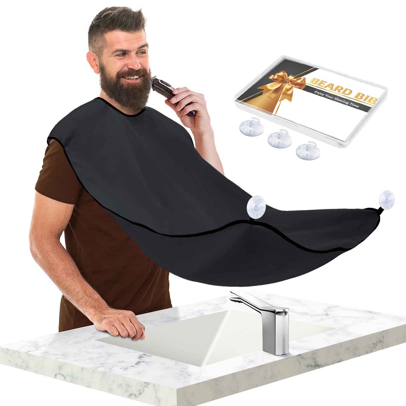 Beard Bib, Stocking Stuffers Christmas White Elephant Gifts for Men Adults Dad Husband, Beard Hair Trimmer Catcher for Sink, Non-Stick Beard Cape with 3 Suction Cups, Grooming Accessories(Black)