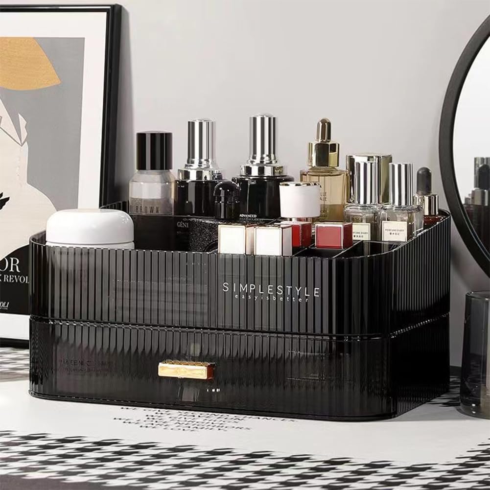 MIUOPUR Makeup Organizer with Stackable Drawers, Bathroom Vanity Organizers and Storage, Ideal for Desk and Dresser Countertops, Great for Cosmetics, skincare, Lipsticks, Nail Care -Black