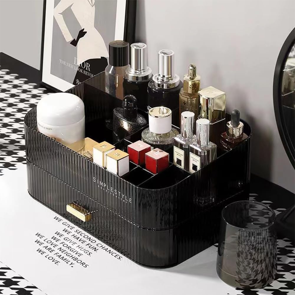 MIUOPUR Makeup Organizer with Stackable Drawers, Bathroom Vanity Organizers and Storage, Ideal for Desk and Dresser Countertops, Great for Cosmetics, skincare, Lipsticks, Nail Care -Black