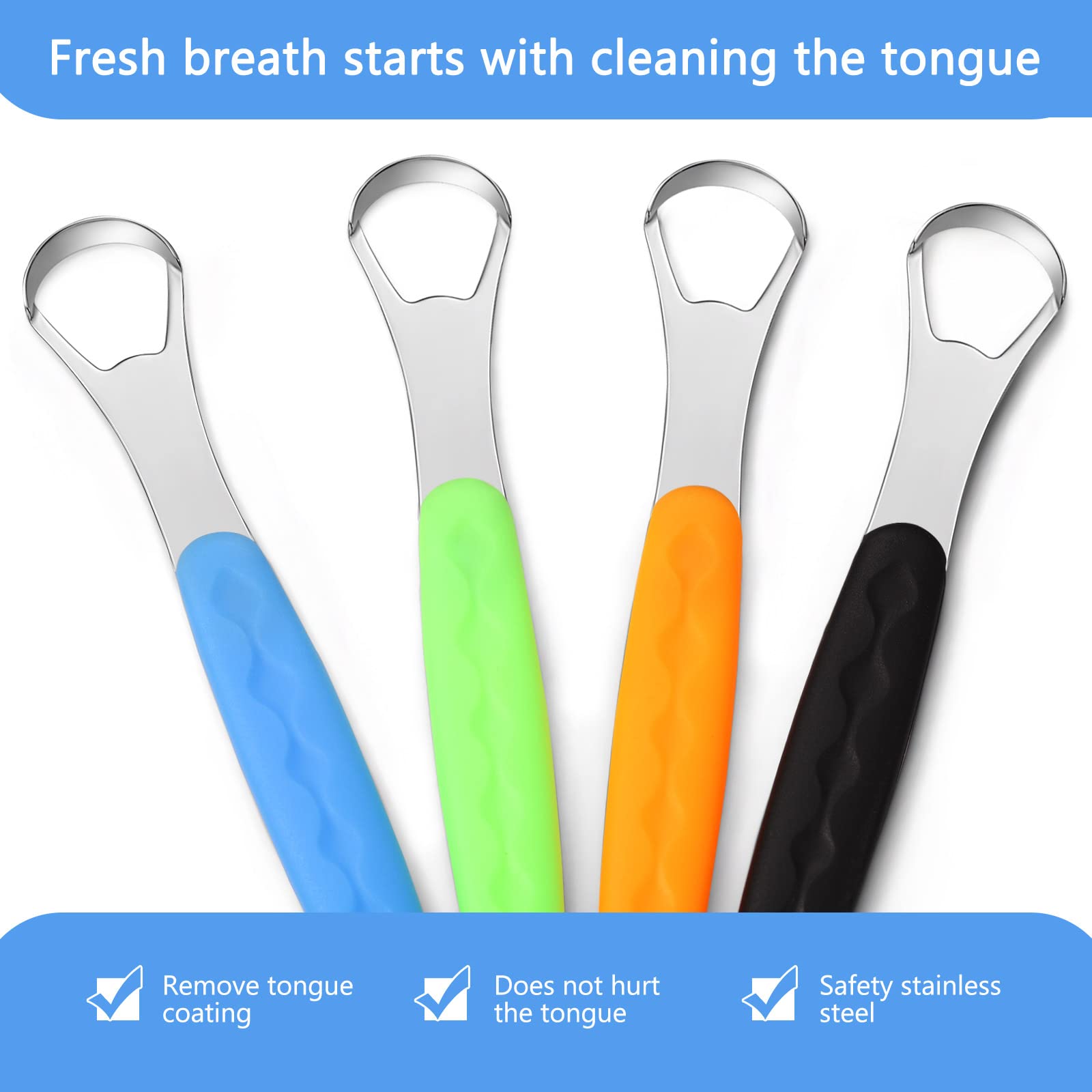 4 Pcs Tongue Scraper Cleaner Adults and Kids Stainless Steel Tongue Brush Metal Tongue Scraper Reduce Bad Breath with Travel Cases for Men Women Oral Mouth, Orange, Black, Green and Blue