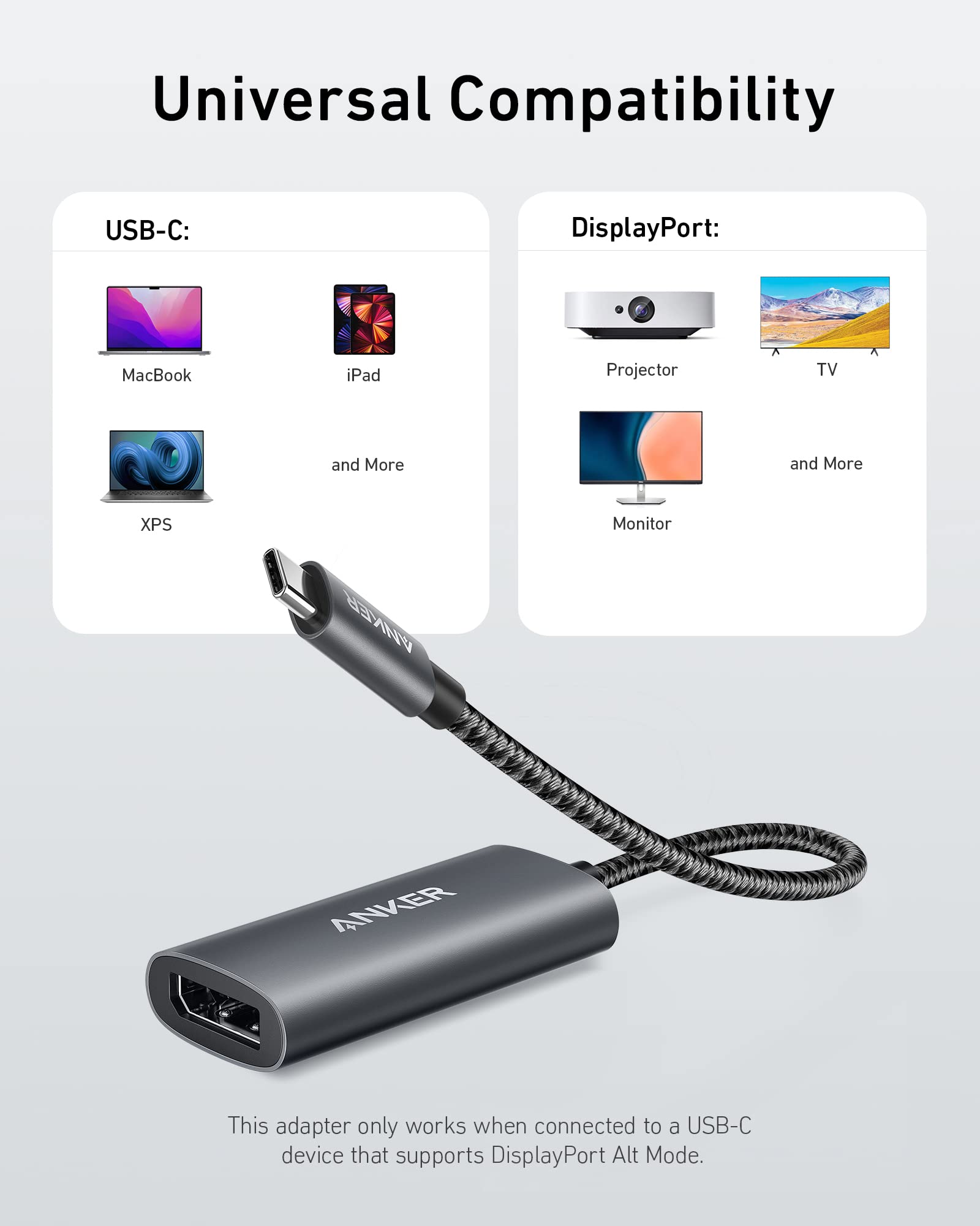 Anker USB C to DisplayPort (8K@60Hz or 4K@144Hz), 518 USB C Adapter (8K DisplayPort), USB C to DP 1.4, for MacBook Pro, MacBook Air, iPad Pro, Pixelbook, XPS, and More