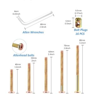 Crib Screws Hardware Replacement Kit - 16 Set Baby Bed Frame Bolts &Barrel Nuts Set, M6x40mm/ 50mm/ 60mm/ 70mm/ 80mm Hex Drive Socket Cap Screws Barrel Nuts