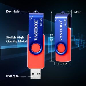 VASTDIGI 64GB USB Flash Drives 5 Pack USB 2.0 Flash Drive Swivel Memory Stick Thumb Drives with LED Light for Data Storage and Backup