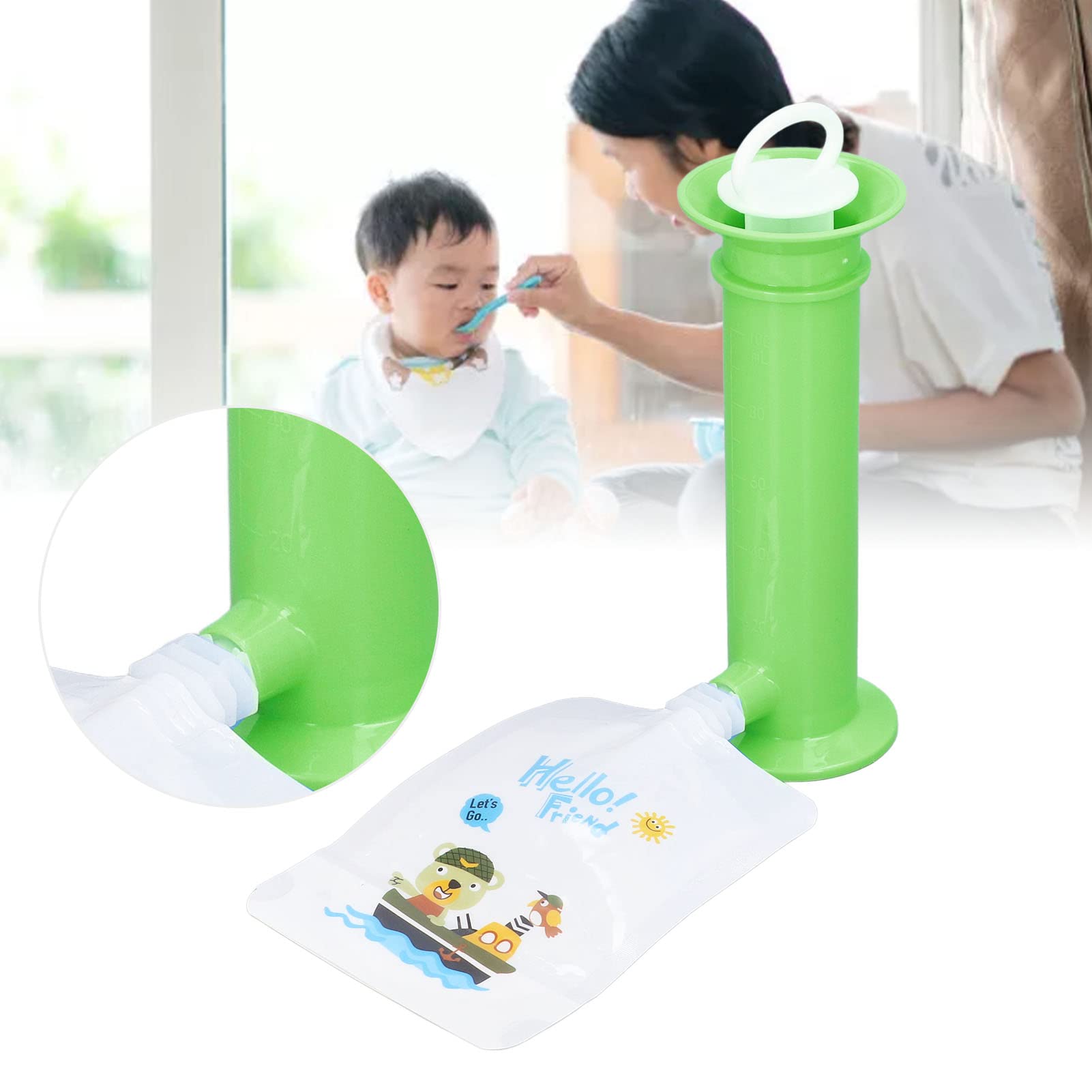 7pcs Set Baby Food Pouch Maker Reusable Pure Color Pouches Toddler Fruit Squeeze Puree Filler for Kids(Green)