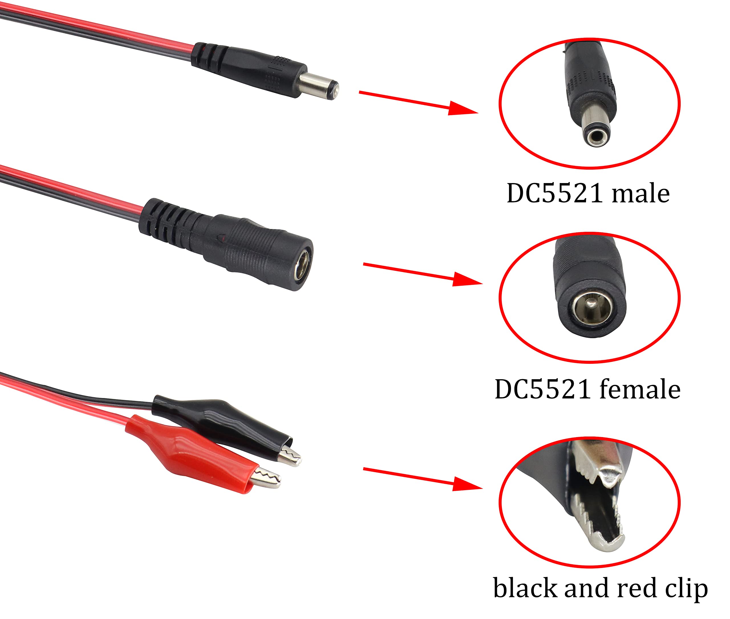 HCFeng DC Plug Power Adapter Cable, 12V DC Male/Female Jack to Alligator Clip Power Cable DC5521(5.5mmx2.1mm) Cable with Double Alligator Clips for CCTV Camera and Lighting[4pack /50cm]