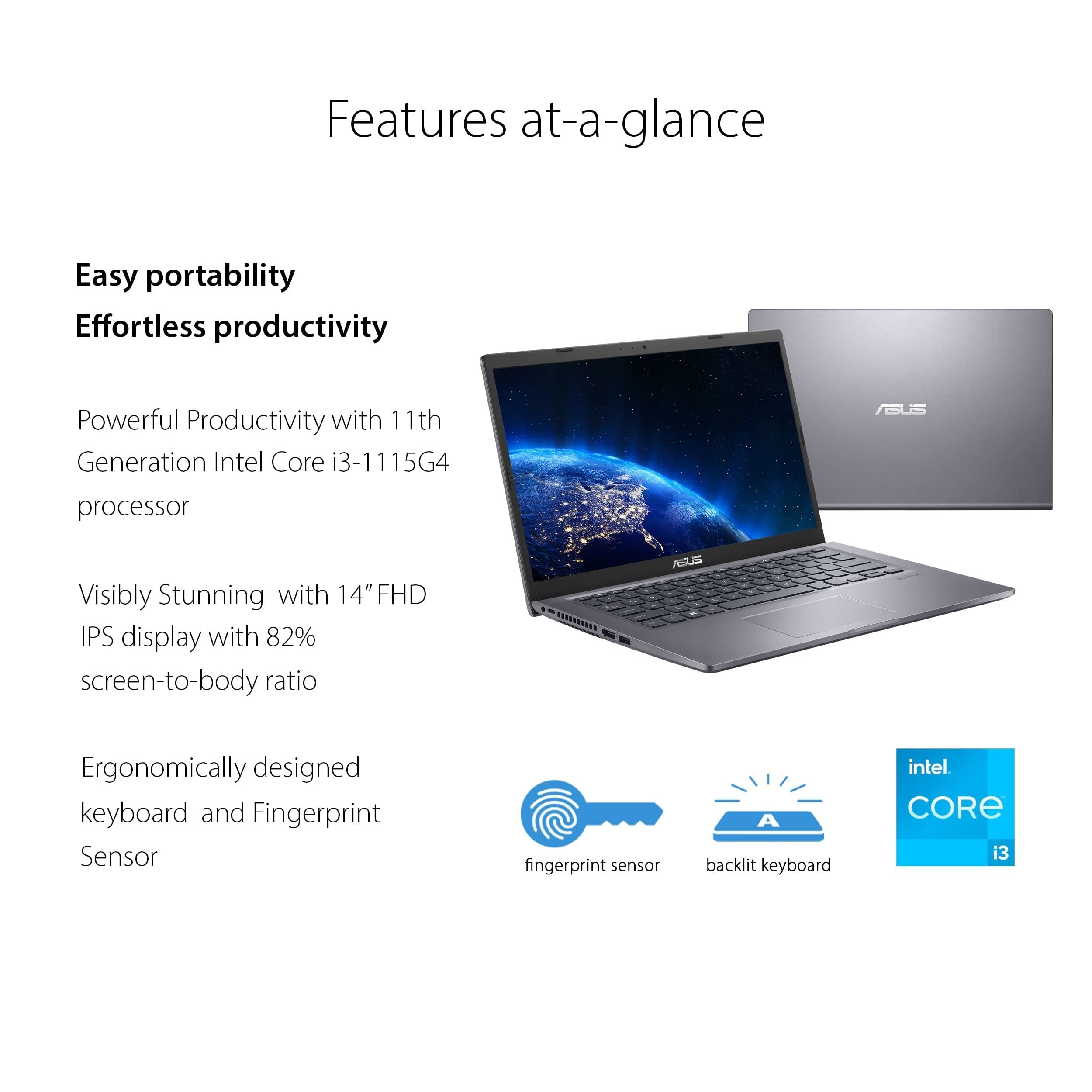 ASUS 2022 Newest VivoBook 14 Laptop, 14 inch IPS FHD Display, Intel Core i3-1115G4, 8GB RAM, 512GB SSD, Fingerprint Reader, Wi-Fi, Bluetooth, Windows 11 Home in S Mode, Bundle with Cefesfy Accessory