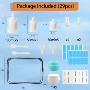 29 PCS Travel Size Refillable Empty Squeeze Pouch TSA Approved Travel Pouches for Toiletries Liquid Travel Containers Leak Proof Portable Travel Fluid Makeup Packing Bag for Cosmetics 30/50/100ml