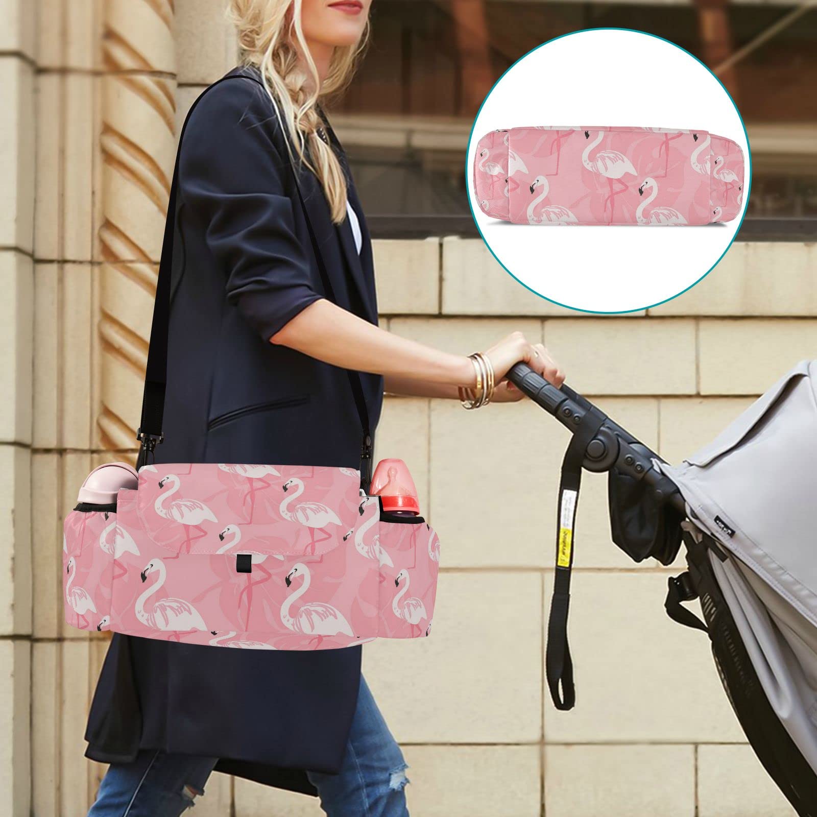 MCHIVER Pink Flamingo Illustration Baby Stroller Organizer with Adjustable Straps Non-slip Stroller Caddy with Cup Holders Large Capacity Stroller Bag for Diaper Toys Storage