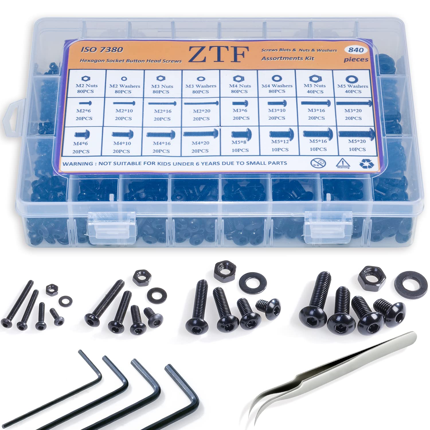 ZTF 840PCS Hex Button Head Cap Bolts Screws Nuts Washers Assortment Kit, M2 M3 M4 M5 Bolts Screws with Storage Box, 10.9 Grade Alloy Steel Machine Thread, ISO 7380 Allen Socket Drive