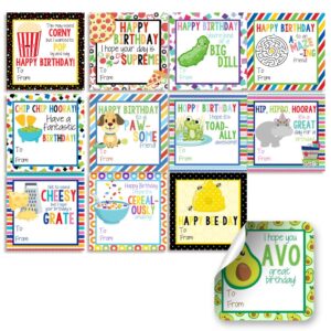 happy birthday food & animal themed gift tag stickers, set of 24 2.5 x 2.5 mixed square birthday gift labels by amanda creation