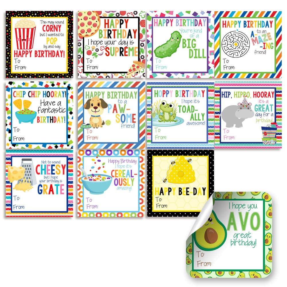 Happy Birthday Food & Animal Themed Gift Tag Stickers, Set of 24 2.5 X 2.5 Mixed Square Birthday Gift Labels by Amanda Creation