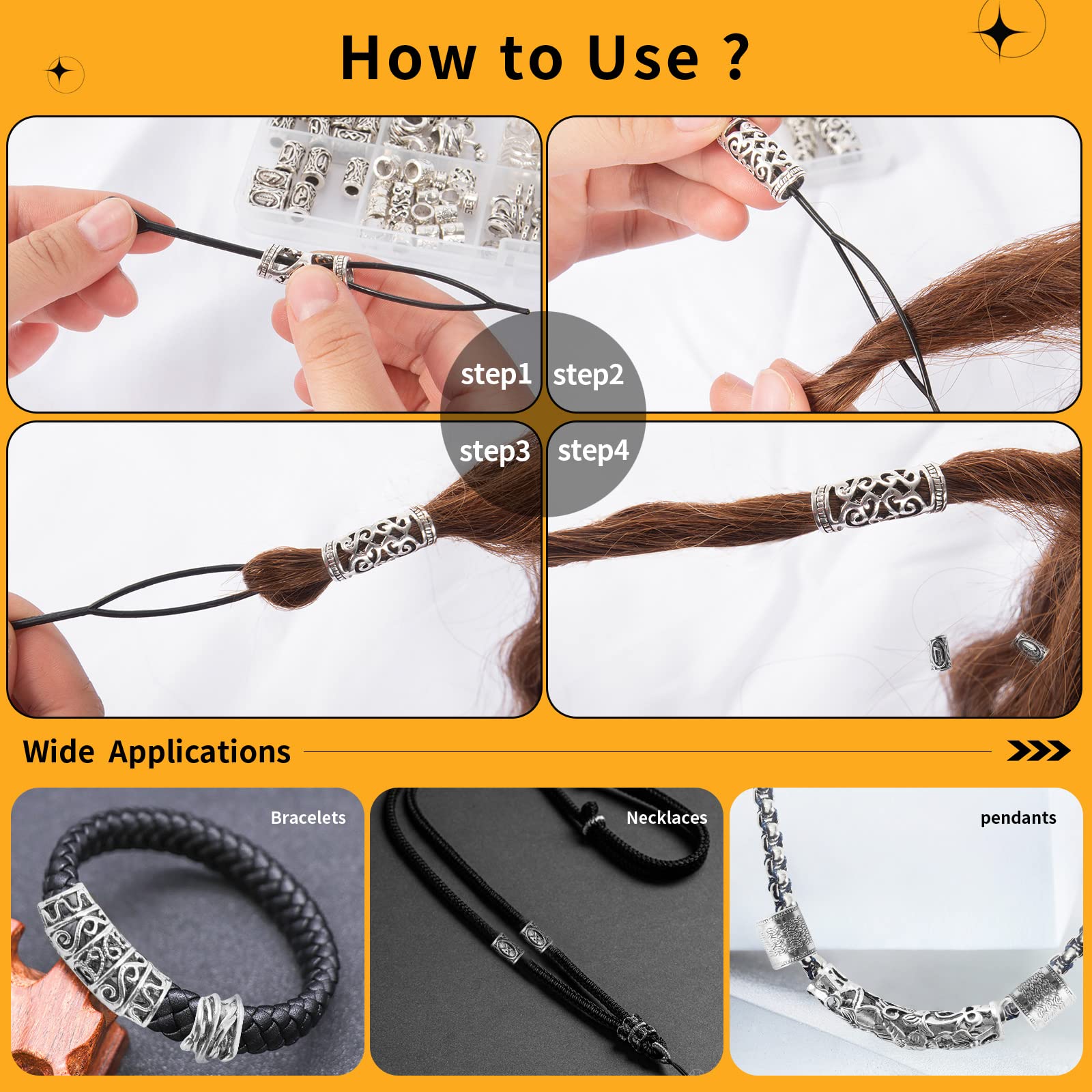 Viking Hair Beads Set (76PCS): Metal Silver Clips, Cuffs, Coils and Rings for Men's Dreadlocks, Braids, Beard Decoration