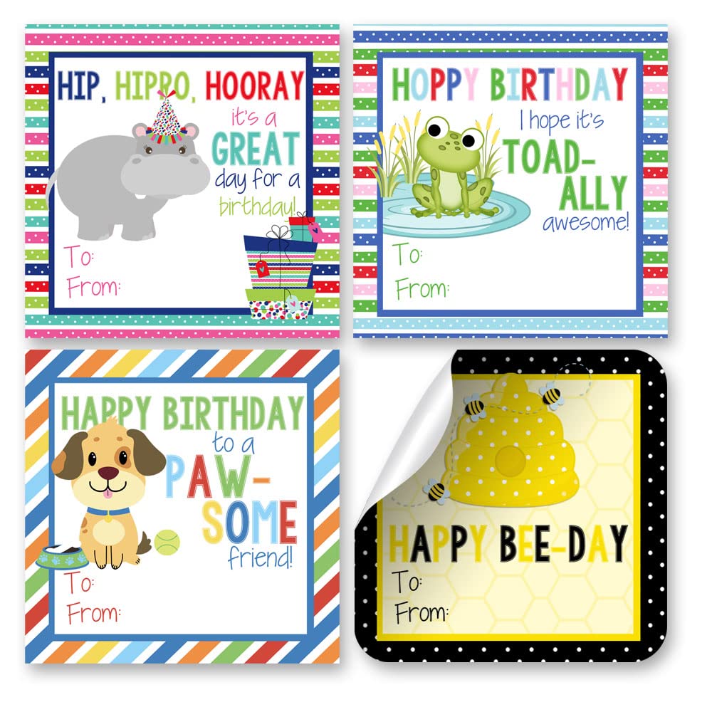 Happy Birthday Food & Animal Themed Gift Tag Stickers, Set of 24 2.5 X 2.5 Mixed Square Birthday Gift Labels by Amanda Creation