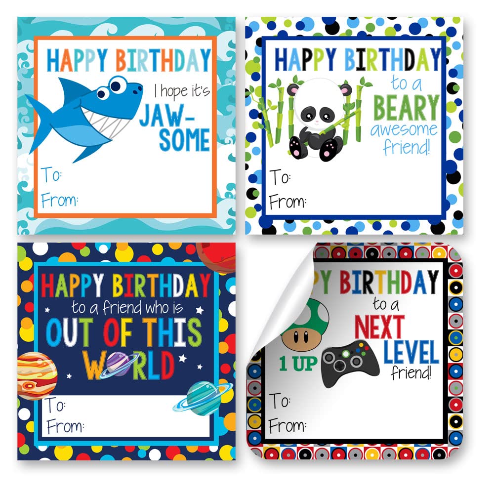 Happy Birthday Gift Tag Stickers for Boys, Set of 24 2.5 X 2.5 Mixed Square Birthday Gift Labels by Amanda Creation