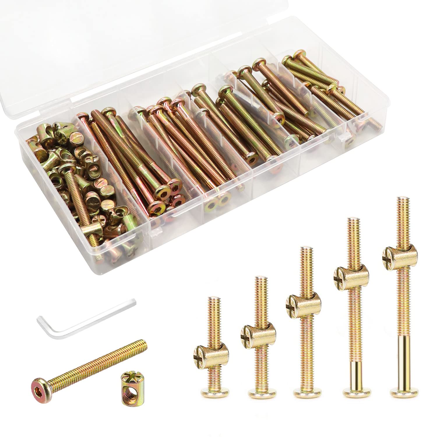 Crib Screws Hardware Replacement Kit - 16 Set Baby Bed Frame Bolts &Barrel Nuts Set, M6x40mm/ 50mm/ 60mm/ 70mm/ 80mm Hex Drive Socket Cap Screws Barrel Nuts