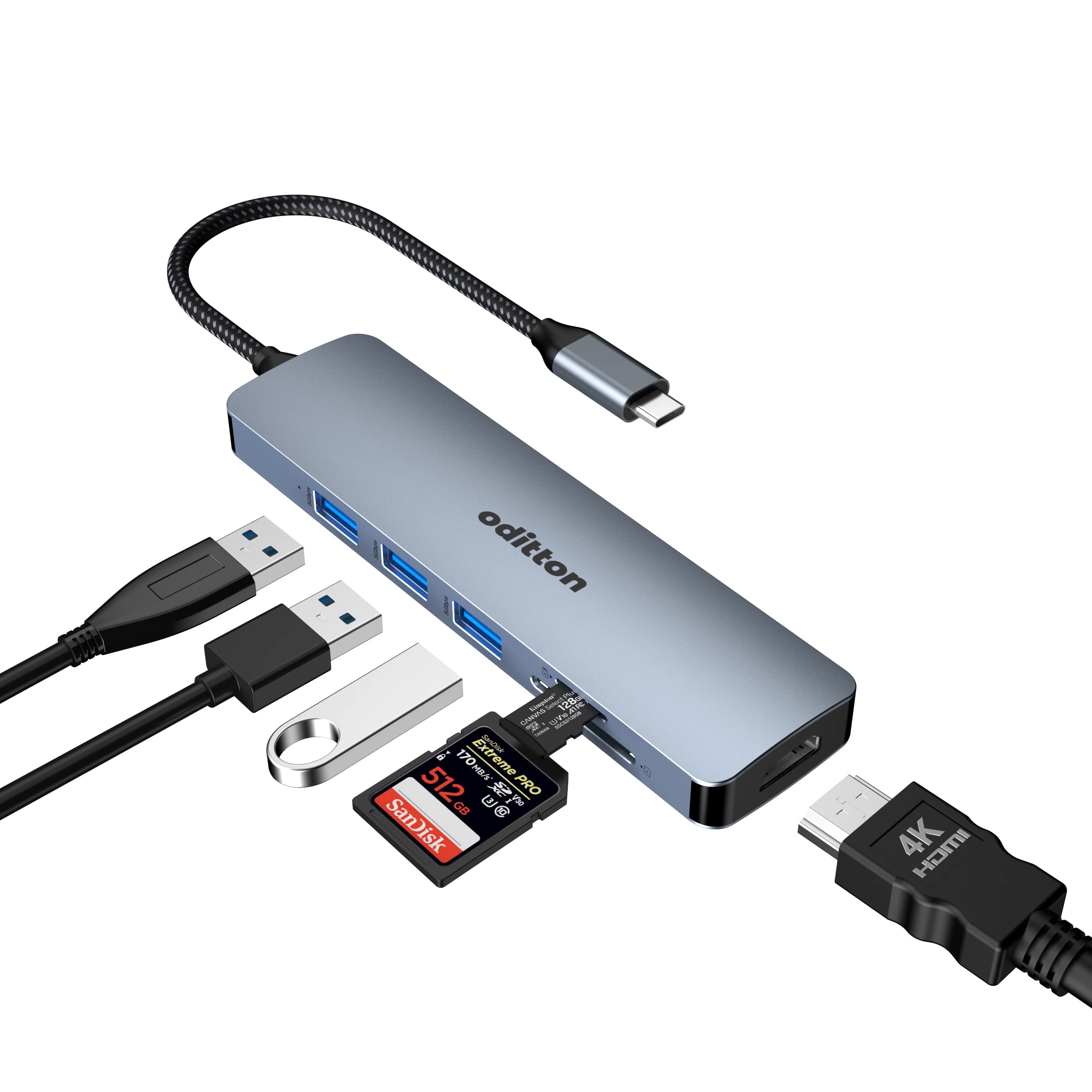 USB C HUB, oditton 6 in 1 Docking Station USB C Adapter with 4K HDMI Output, USB 3.0 Up to 5Gpbs, SD&TF Card Slot, Compatible for Laptop and Other Type C Devices