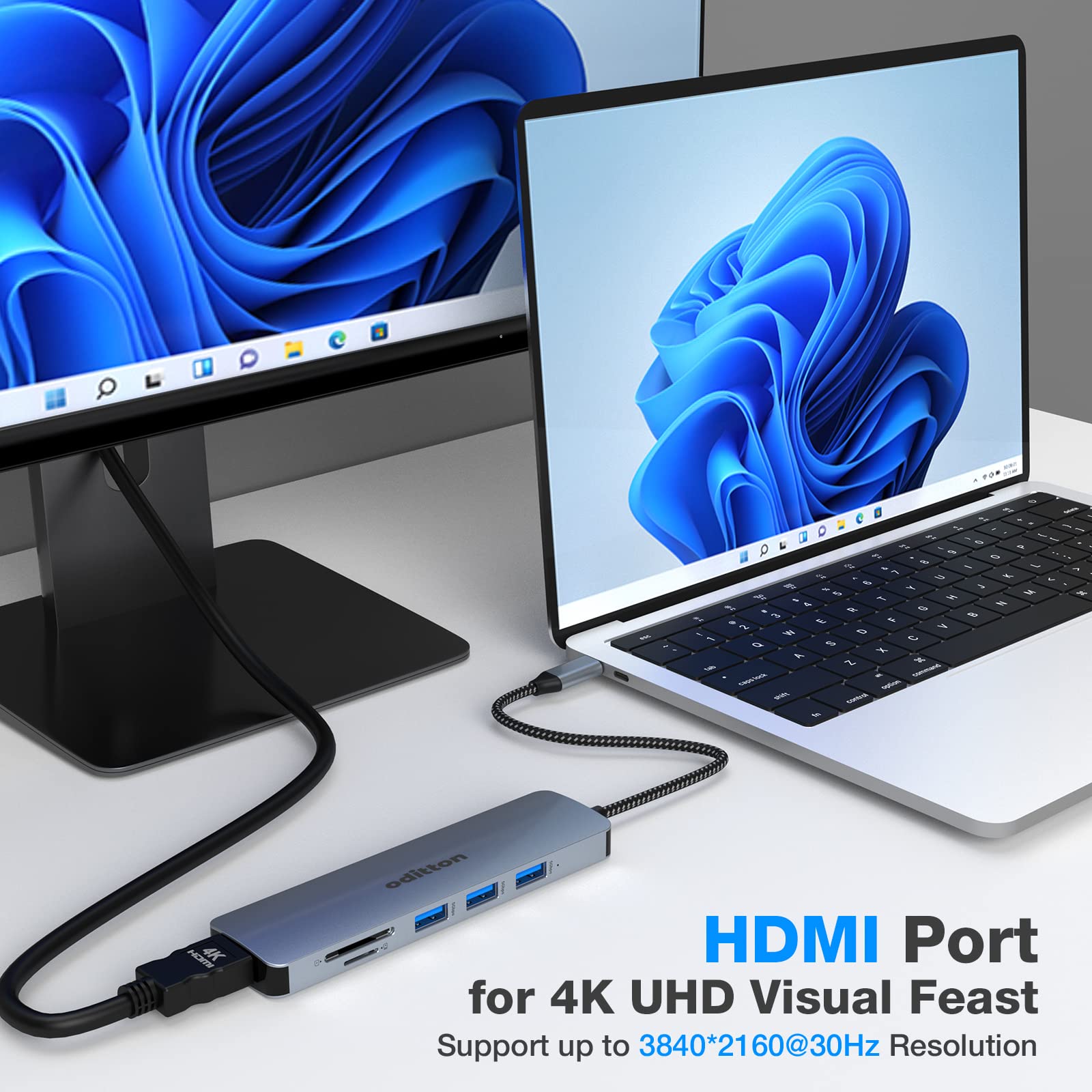 USB C HUB, oditton 6 in 1 Docking Station USB C Adapter with 4K HDMI Output, USB 3.0 Up to 5Gpbs, SD&TF Card Slot, Compatible for Laptop and Other Type C Devices